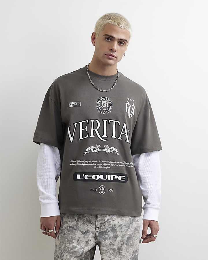 Grey Cotton Double Layer Gothic T-Shirt