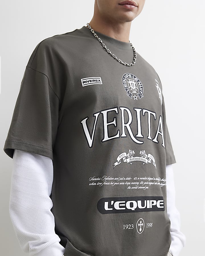 Grey Cotton Double Layer Gothic T-Shirt