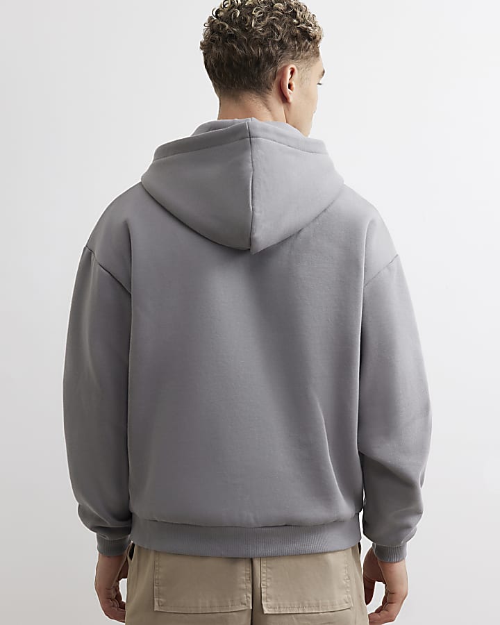 Grey Oversized Fit Cotton Zip Through Hoodie