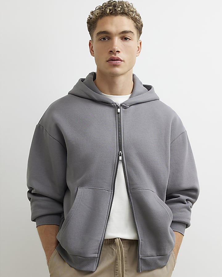 Grey Oversized Fit Cotton Zip Through Hoodie