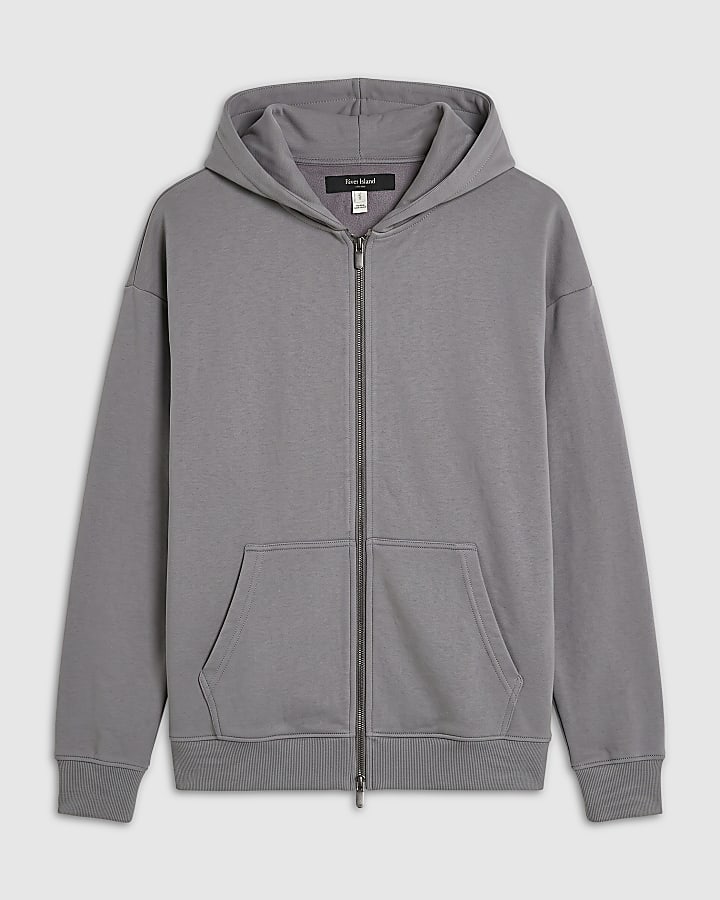 Grey Oversized Fit Cotton Zip Through Hoodie