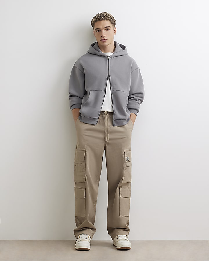 Grey Oversized Fit Cotton Zip Through Hoodie