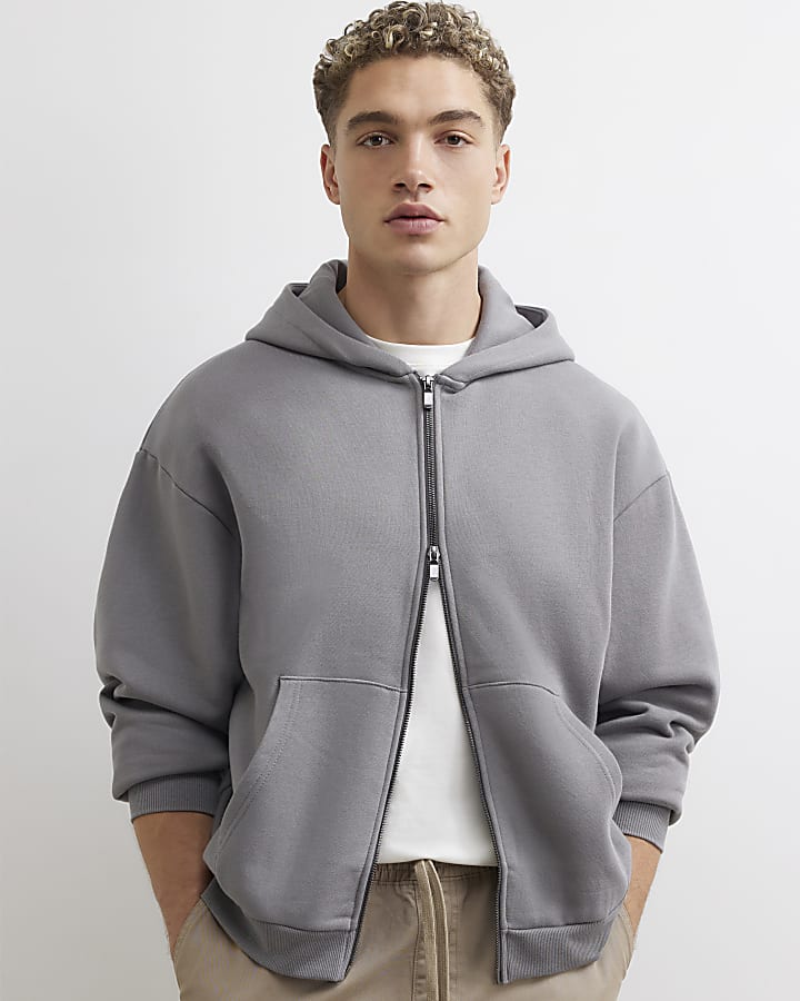 Grey Oversized Fit Cotton Zip Through Hoodie