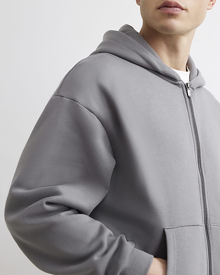 Grey Oversized Fit Cotton Zip Through Hoodie