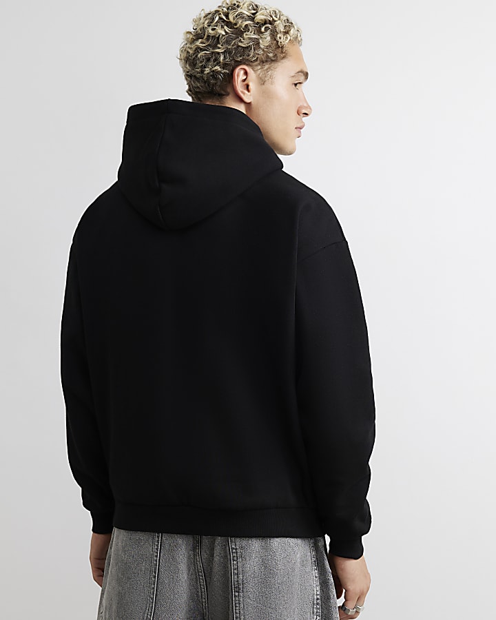 Black Oversized Fit Cotton Zip Through Hoodie