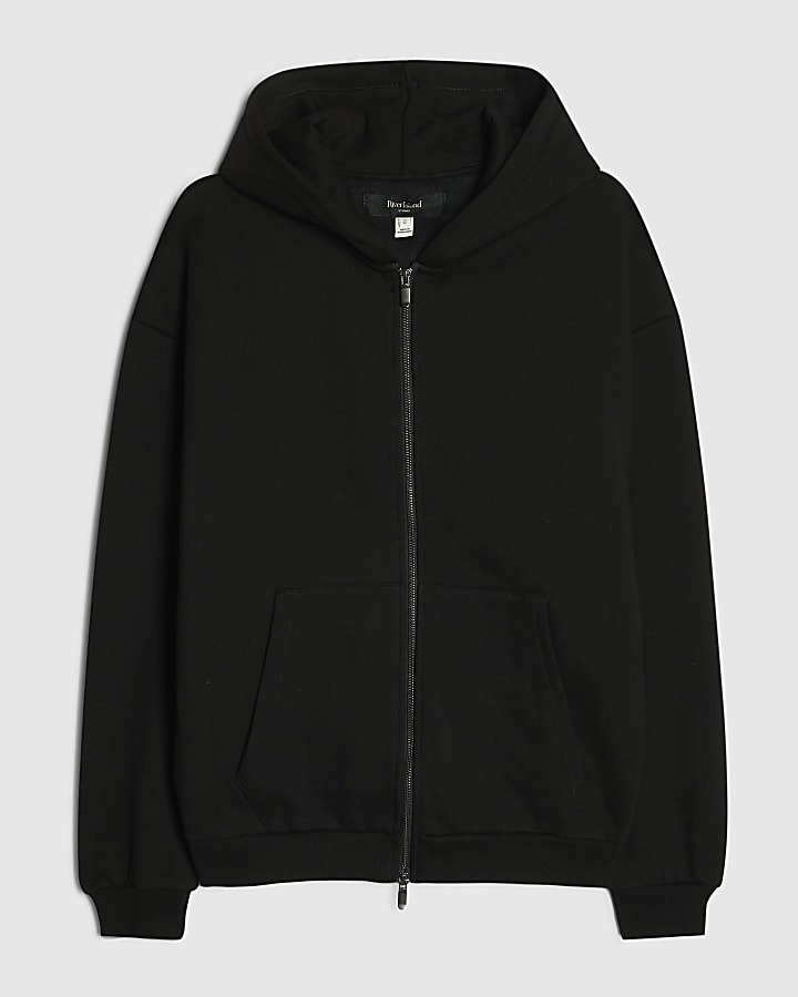 Black Oversized Fit Cotton Zip Through Hoodie