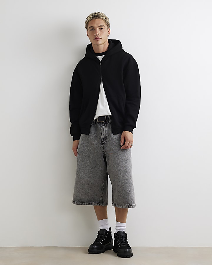 Black Oversized Fit Cotton Zip Through Hoodie