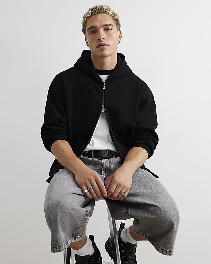 Black Oversized Fit Cotton Zip Through Hoodie
