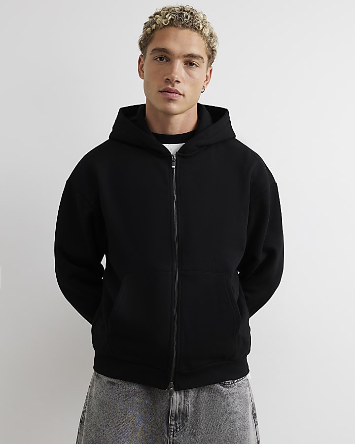 Black Oversized Fit Cotton Zip Through Hoodie