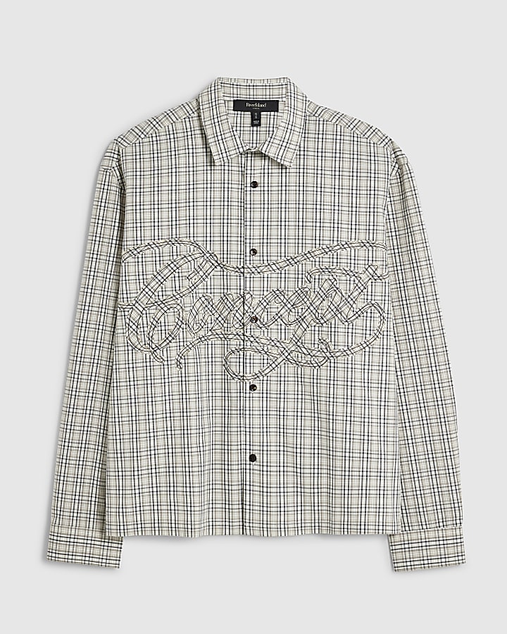 Stone Boxy Fit Cotton Applique Check Shirt