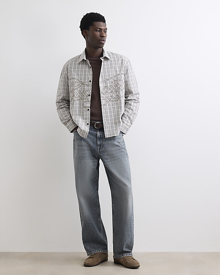 Stone Boxy Fit Cotton Applique Check Shirt