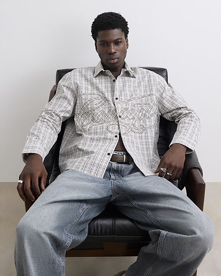 Stone Boxy Fit Cotton Applique Check Shirt