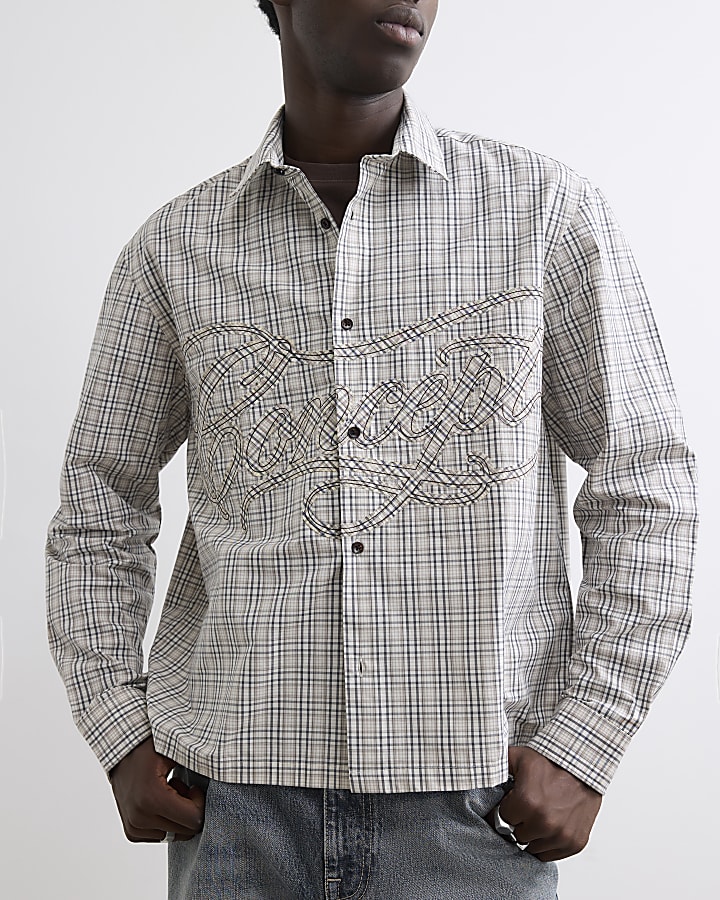 Stone Boxy Fit Cotton Applique Check Shirt