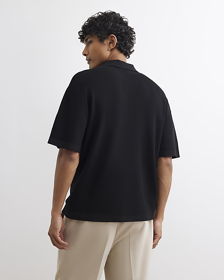 Black Boxy Fit Embroidery Polo Shirt