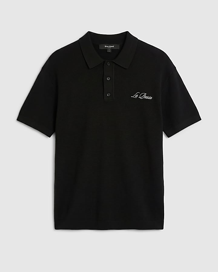 Black Boxy Fit Embroidery Polo Shirt
