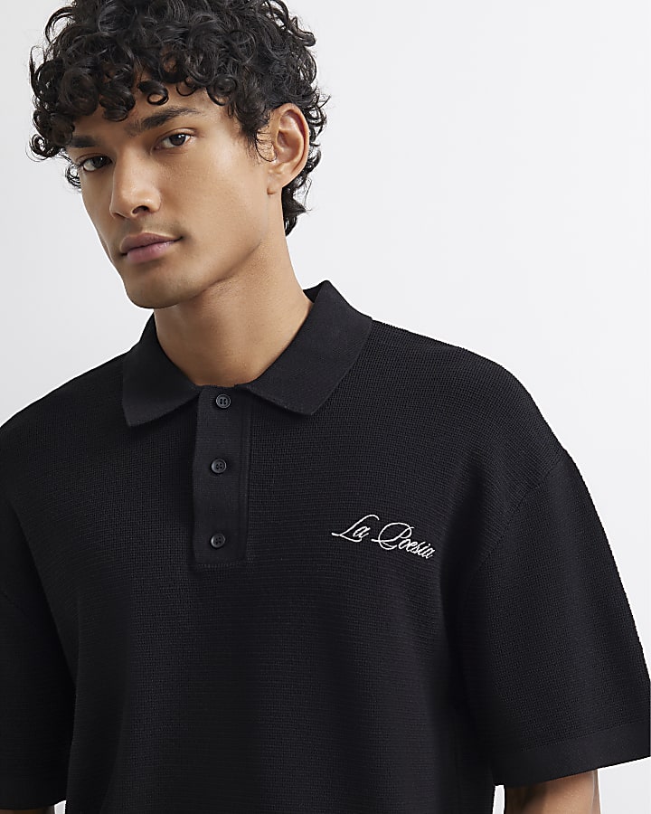 Black Boxy Fit Embroidery Polo Shirt