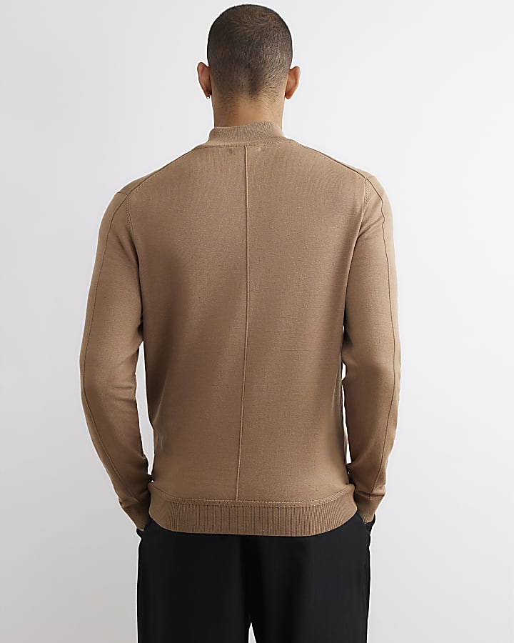 Brown Slim Fit Half Zip Long Sleeve Jumper