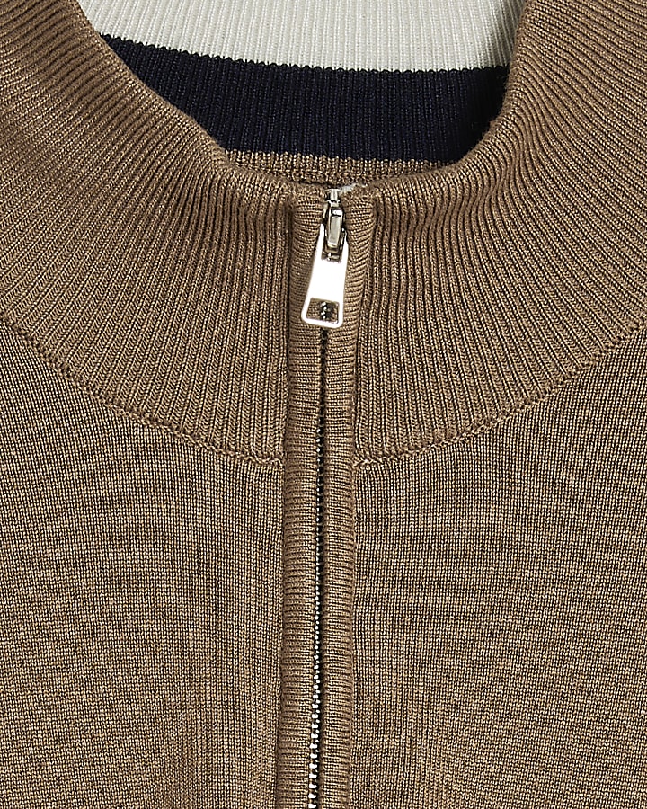 Brown Slim Fit Half Zip Long Sleeve Jumper