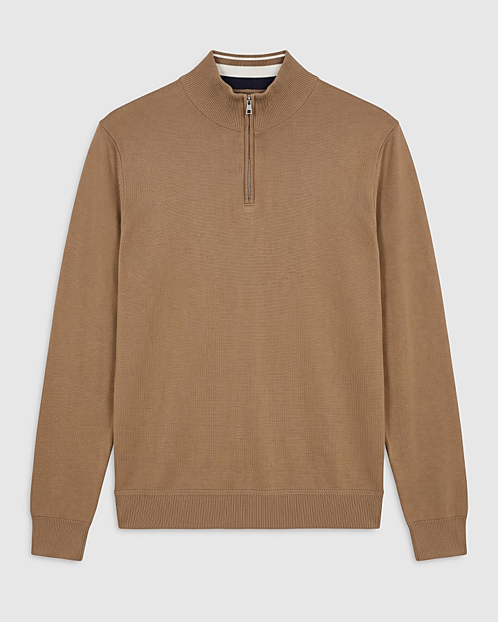 Brown Slim Fit Half Zip Long Sleeve Jumper