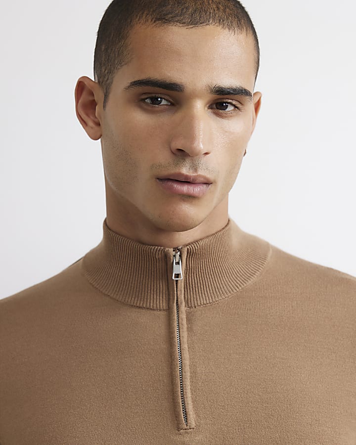Brown Slim Fit Half Zip Long Sleeve Jumper