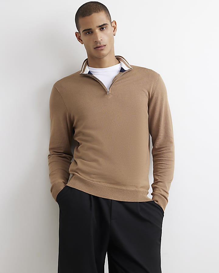 Brown Slim Fit Half Zip Long Sleeve Jumper