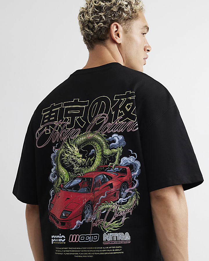 Black Oversized Fit Cotton Dragon Car T-Shirt