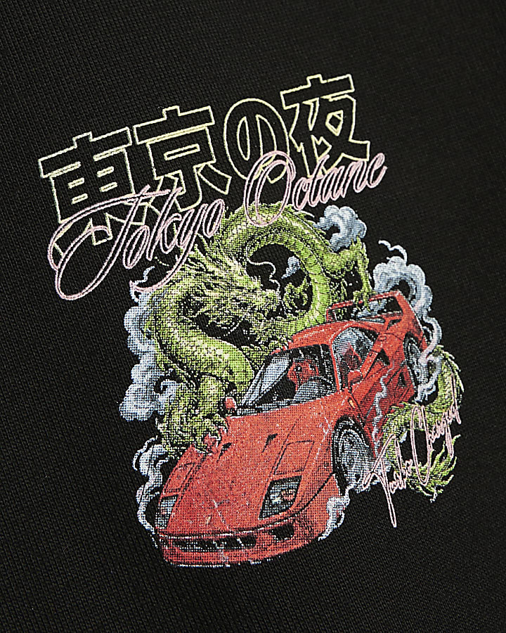 Black Oversized Fit Cotton Dragon Car T-Shirt