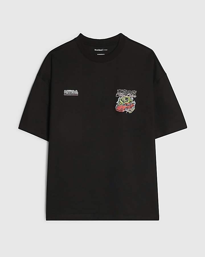 Black Oversized Fit Cotton Dragon Car T-Shirt