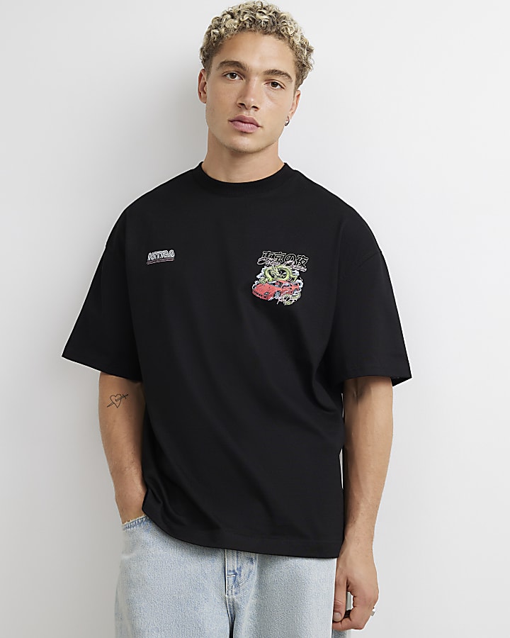 Black Oversized Fit Cotton Dragon Car T-Shirt