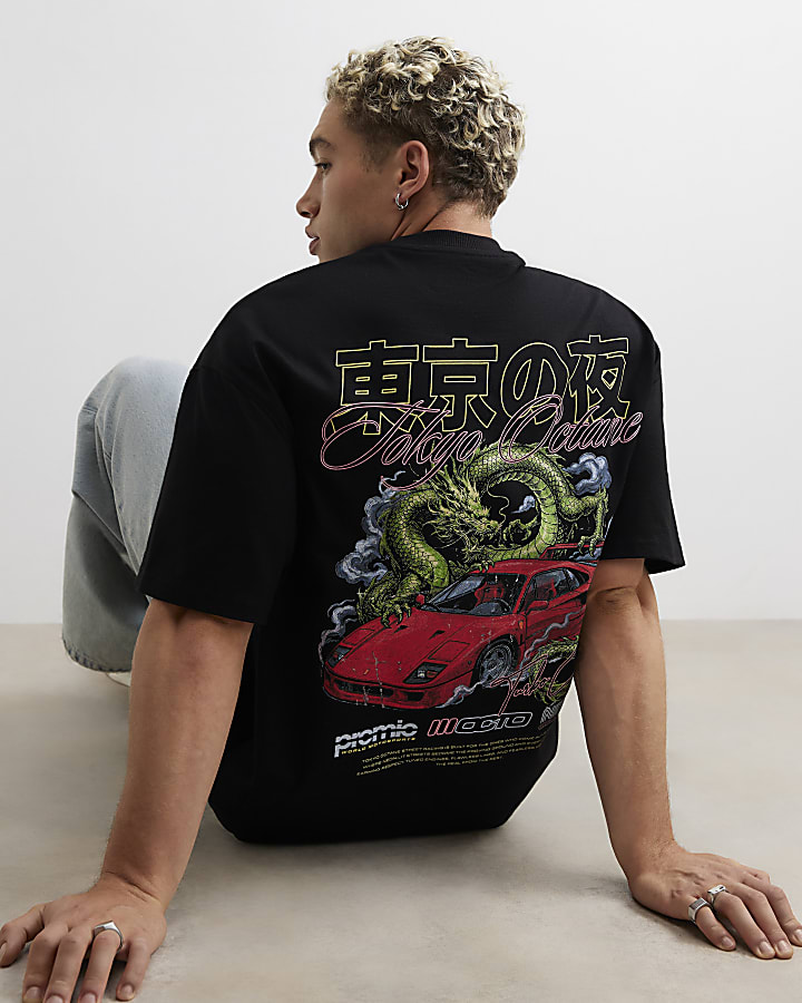 Black Oversized Fit Cotton Dragon Car T-Shirt