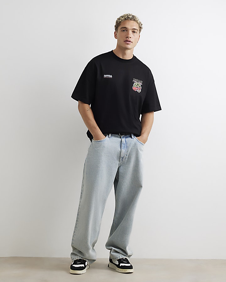 Black Oversized Fit Cotton Dragon Car T-Shirt