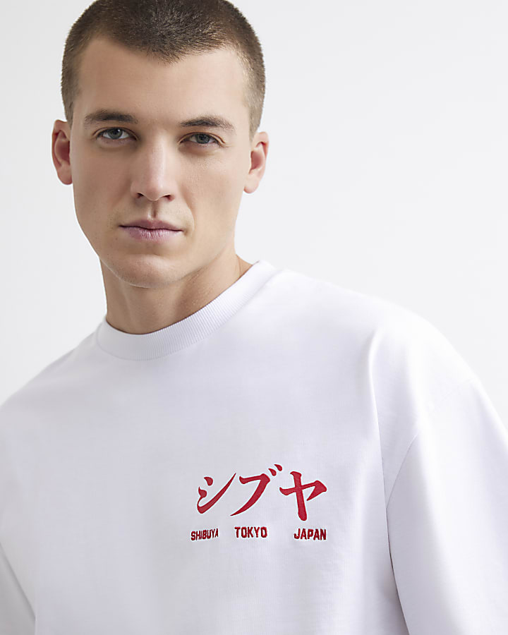 White Cotton Japanese Scene Patch T-Shirt