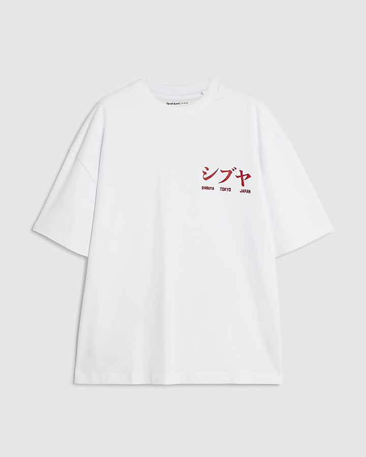White Cotton Japanese Scene Patch T-Shirt