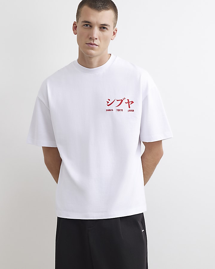 White Cotton Japanese Scene Patch T-Shirt