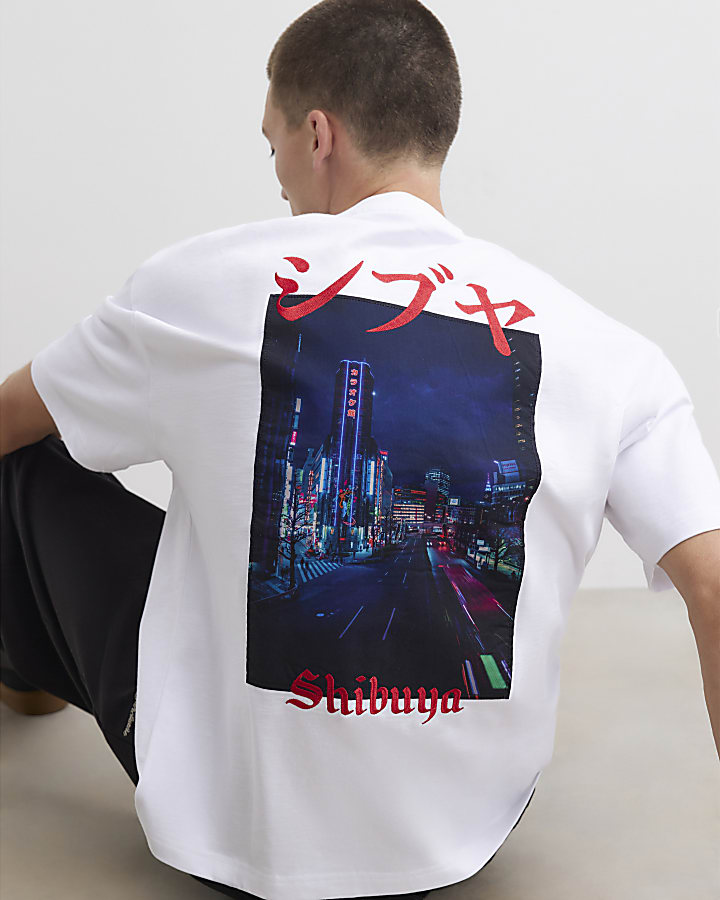White Cotton Japanese Scene Patch T-Shirt