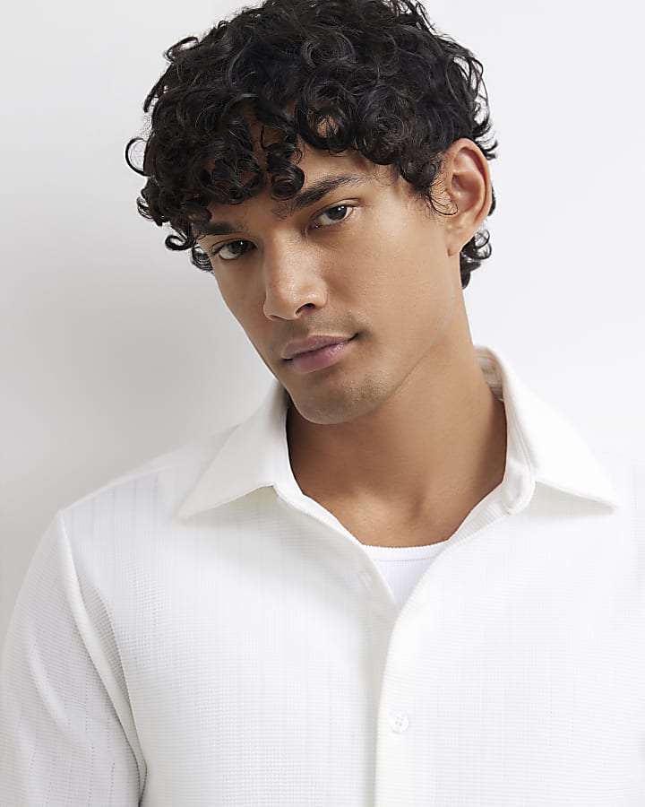 White Muscle Fit Textured Shirt