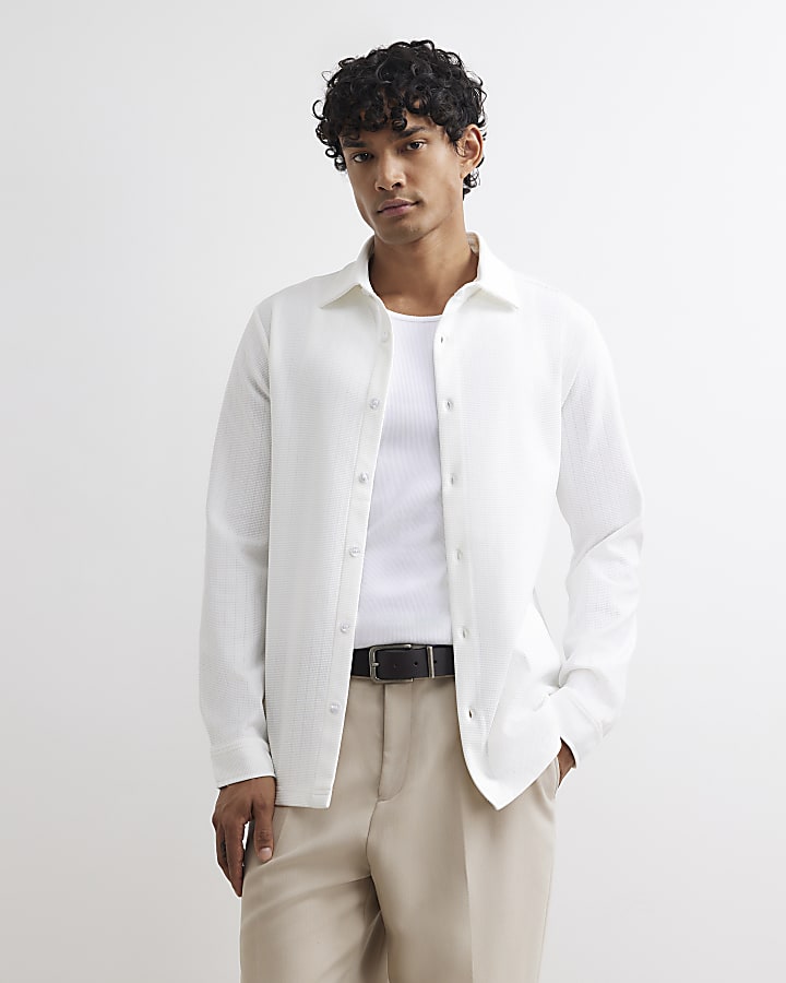 White Muscle Fit Textured Shirt
