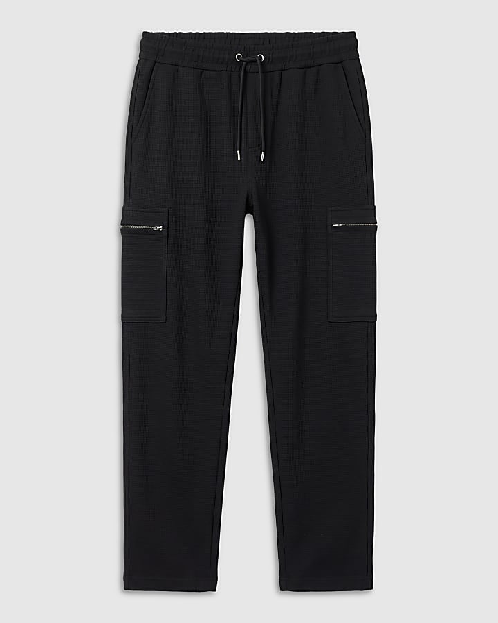 Black Slim Fit Waffle Cargo Joggers