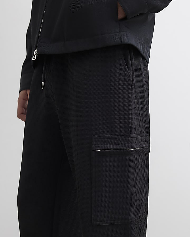 Black Slim Fit Waffle Cargo Joggers