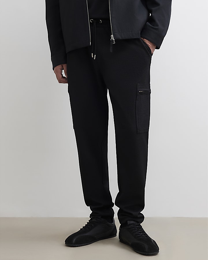 Black Slim Fit Waffle Cargo Joggers