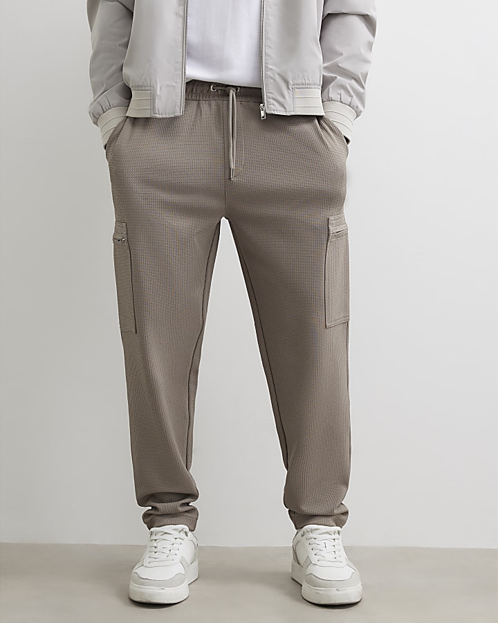 Beige Slim Fit Waffle Cargo Joggers