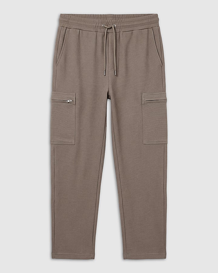 Beige Slim Fit Waffle Cargo Joggers