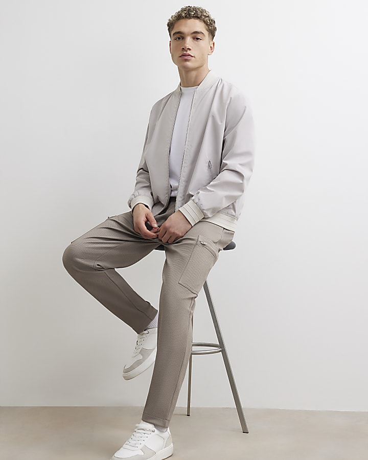 Beige Slim Fit Waffle Cargo Joggers