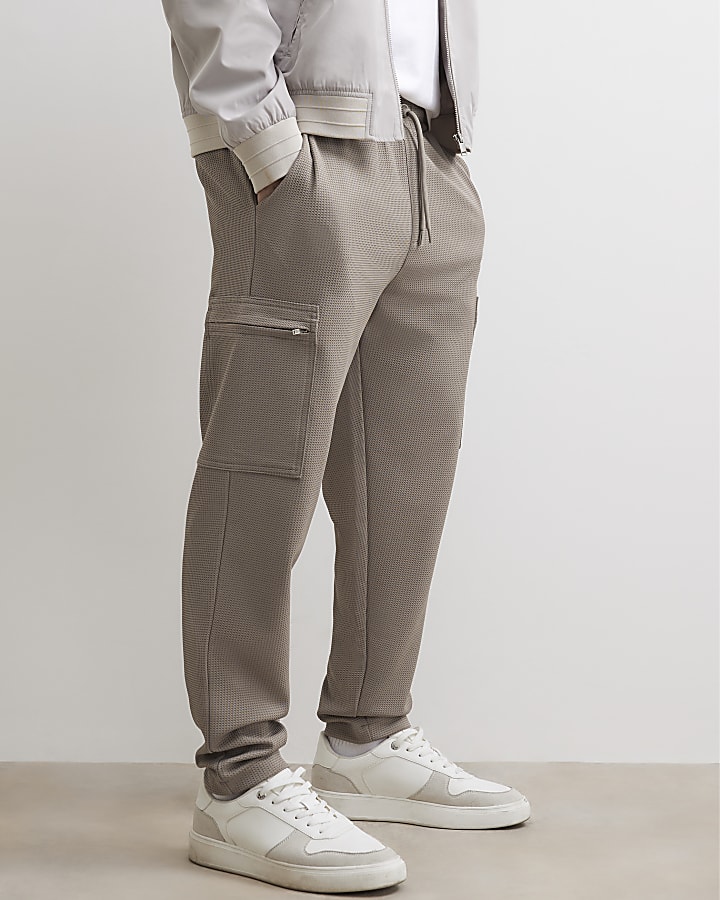 Beige Slim Fit Waffle Cargo Joggers