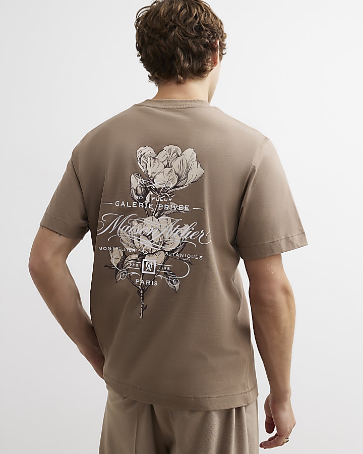 Brown Regular Fit Cotton Floral T-Shirt