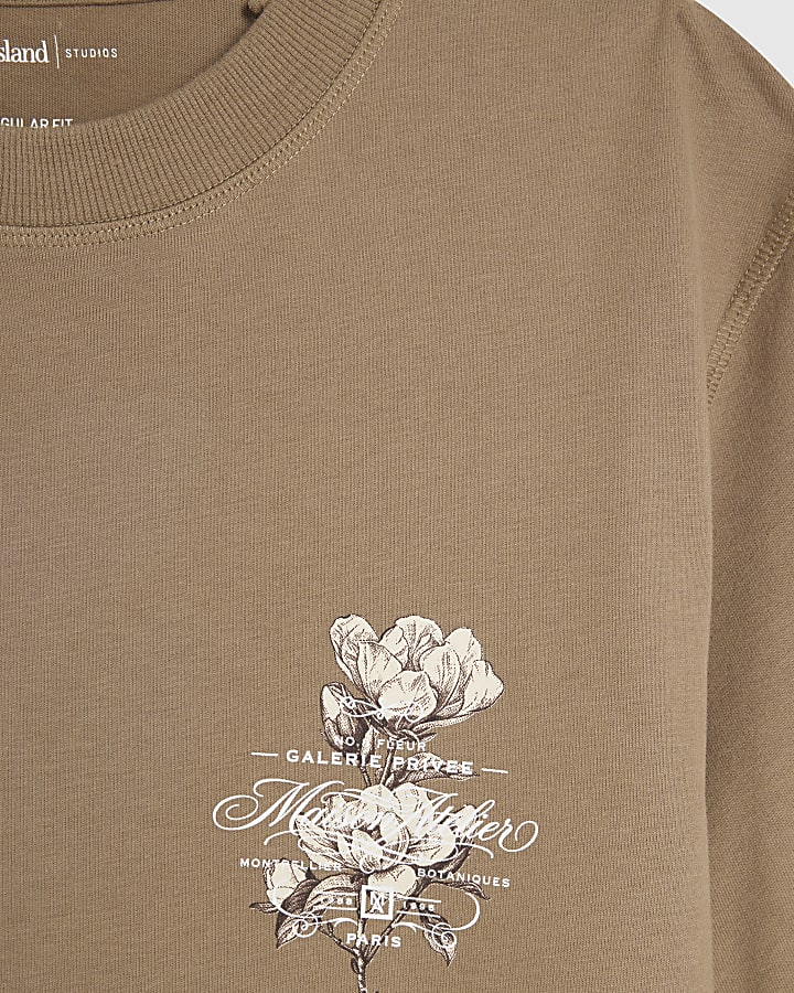 Brown Regular Fit Cotton Floral T-Shirt