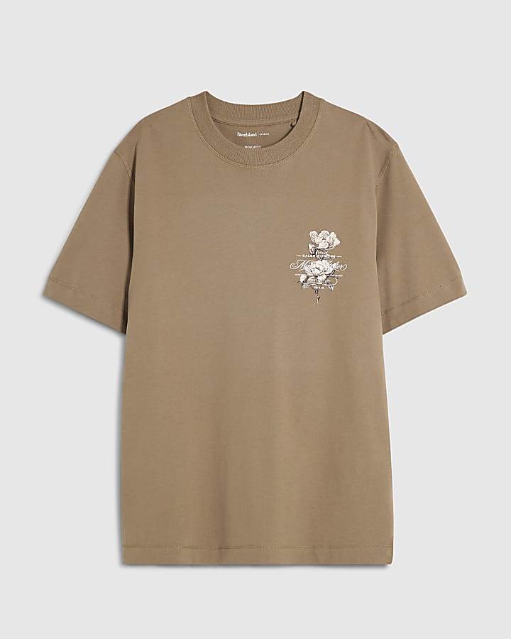 Brown Regular Fit Cotton Floral T-Shirt