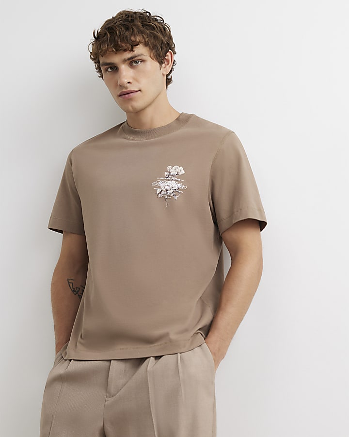 Brown Regular Fit Cotton Floral T-Shirt