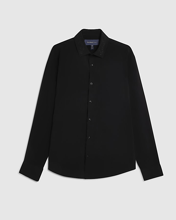 Black Regular Fit Embroidered Shirt
