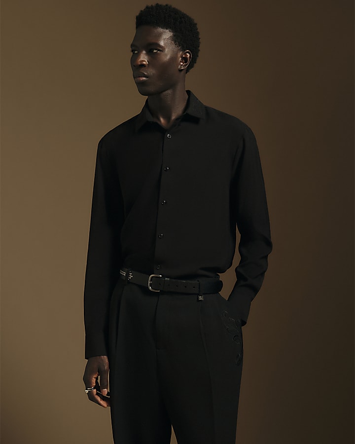Black Regular Fit Embroidered Shirt